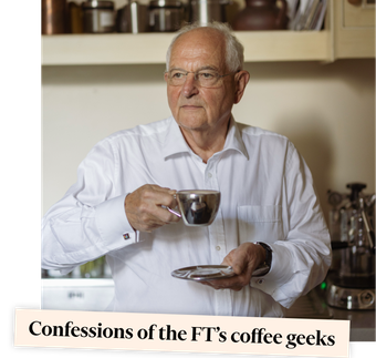 Image of Martin Wolf drinking coffee overlaid with a text banner reading "Confessions of the FT's coffee geeks"
