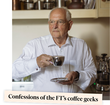 Image of Martin Wolf drinking coffee overlaid with a text banner reading "Confessions of the FT's coffee geeks"